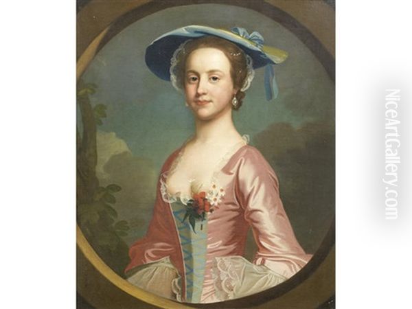 Portrait Of Kitty Warner, Half-length, In A Pink Silk Dress And Blue Hat, Standing Before A Landscape, Within A Painted Oval Oil Painting by Francis Milner Newton