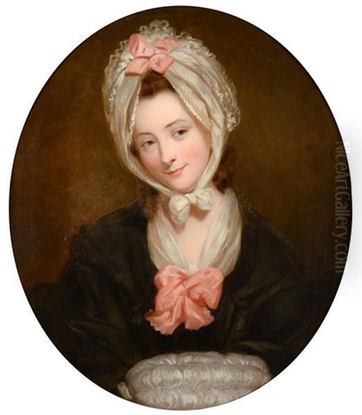 Portrait Of Catherine Schindelerin, Head And Shoulders, Wearing A White Bonnet Tied And Decorated With A Pink Bow Oil Painting by Gilbert Stuart Newton