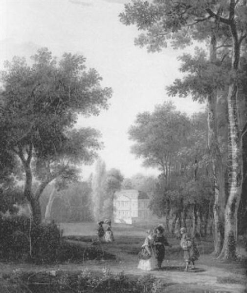 Elegants Et Elegantes Se Promenant Dans Le Parc D'un Chateau Oil Painting by Gilbert Stuart Newton