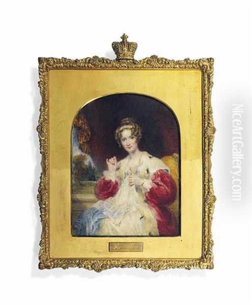 Queen Adelaide (1792-1849), Stitching A Piece Of Lace Held In Her Left Hand, In Ermine-lined Red Velvet Cloak Oil Painting by William John (Sir) Newton