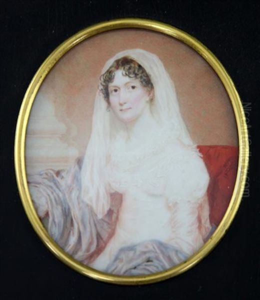 Miniature Of A Seated Lady Wearing A White Dress Oil Painting by William John (Sir) Newton