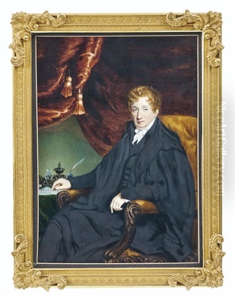 Portrait D'un Homme Assis Sur Une Chaise Dans Un Interieur Vert Avec Un Rideau Rouge Oil Painting by William John (Sir) Newton