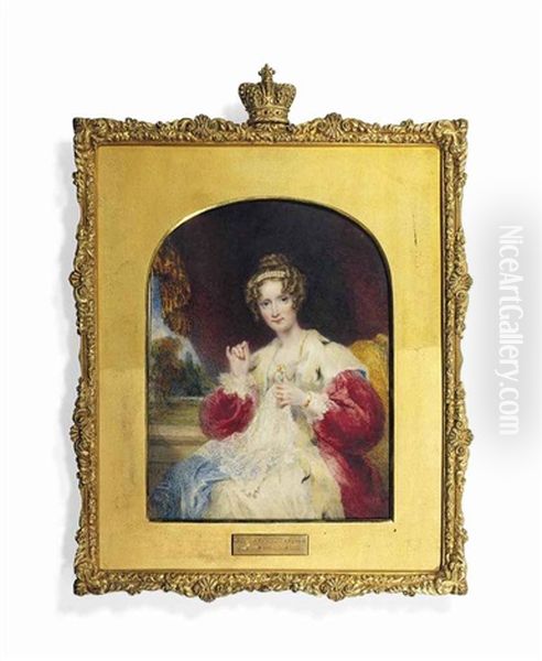 Queen Adelaide (1792-1849), In Ermine-lined Red Velvet Cloak, White Dress, Stitching A Piece Of Lace Held In Her Left Hand Oil Painting by William John (Sir) Newton