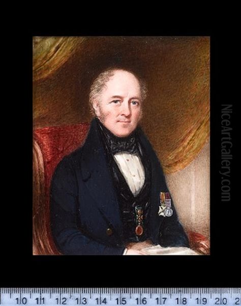 A Gentleman (henry John Allen Esq ?) Seated In A Red Upholstered Chair, Wearing Blue Coat, Black Velvet Waistcoat, White Chemise And Black Stock Oil Painting by William John (Sir) Newton