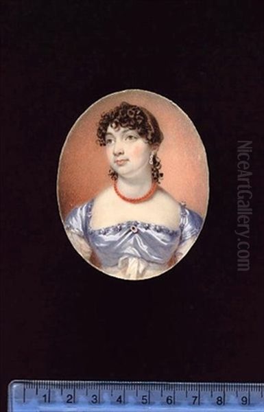 A Lady, Wearing White Dress With Pale Blue Satin Bodice And Shoulder Caps, Brooch At Her Corsage, Coral Necklace And Jewelled Drop Earring Oil Painting by William John (Sir) Newton