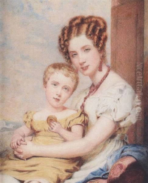 A Lady And Child, She Wears White Short-sleeved Dress, Coral Necklace And Matching Pendant Earrings, Her Son Wears Yellow Dress And Holds A Toy Oil Painting by William John (Sir) Newton