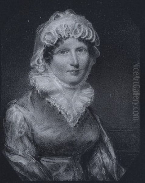 The Hon. Jean Rollo Wearing Pale Blue-green Dress With Frilled White Collar, White Bonnet Tied Beneath Her Chin And Mauve Shawl  Shot With Gold Braid Oil Painting by William John (Sir) Newton