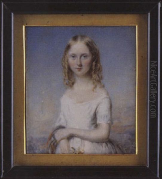 Lady De Hochepied Larpent As A Girl, Her Long Blonde Hair In Ringlets, Wearing White Dress, She Holds A Flower In Her Right Hand, A Shawl Over Her Arm Oil Painting by William John (Sir) Newton