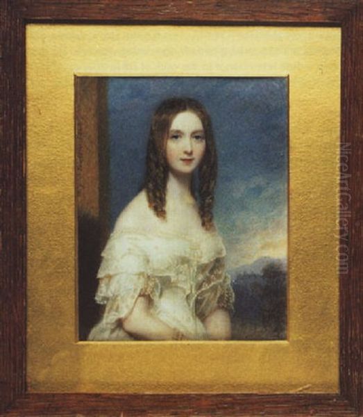 A Young Lady (mrs. Harvey?), Her Hair In Long Ringlets, Wearing Decollete White Dress With Strands Of Pearls, Landscape Background Oil Painting by William John (Sir) Newton