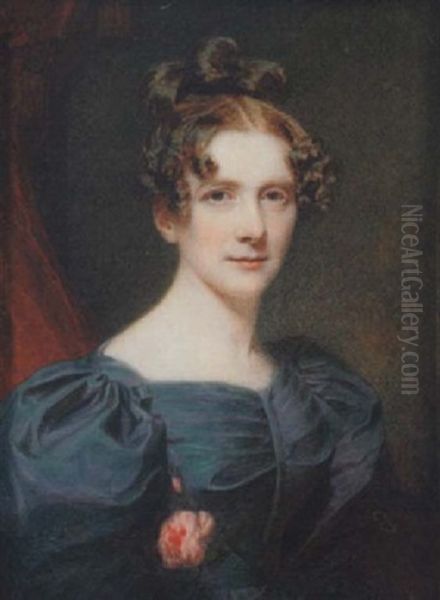 Portrait Of Miss Gardiner Wearing Green Dress With Puff-sleeves And Pink Rose Tucked In Her Waistband, Red Curtain Background Oil Painting by William John (Sir) Newton