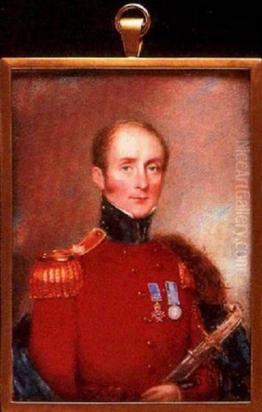 An Officer In Scarlet Coatee With Gold Epaulette, Dark Blue Collar, Crimson Waist-sash And Dark Blue Fur Trim Cape by William John (Sir) Newton