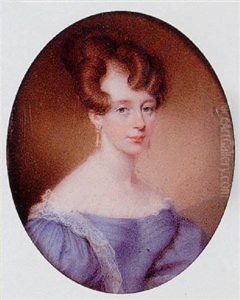 A Lady, Her Auburn Hair Piled High, Wearing Decollete Blue Dress With White Lace Trim And Gold Drop Earrings Oil Painting by William John (Sir) Newton