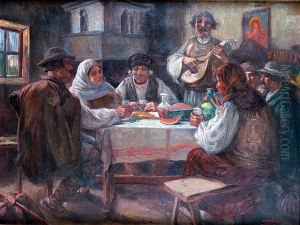 Repas Paysan Avec Joueur De Mandoline Et Jeu De Cartes En Roumanie Oil Painting by Jean Neylies