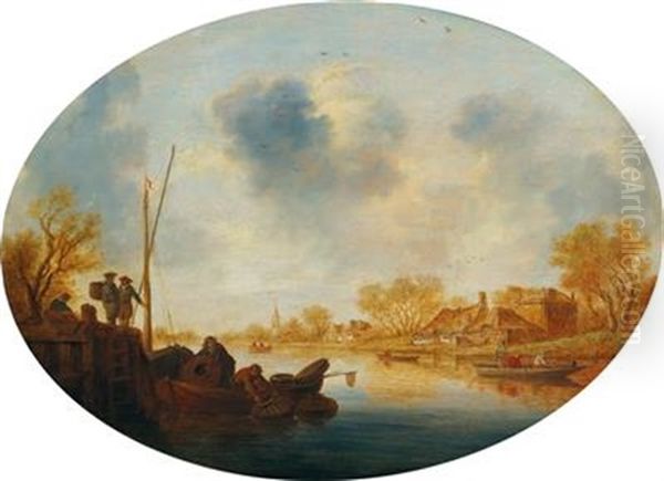 River Landscape With Men In A Boat Oil Painting by Pieter de Neyn