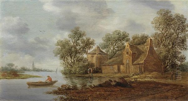 A River Landscape With Figures Resting On The Shore, Before A Village Oil Painting by Pieter de Neyn