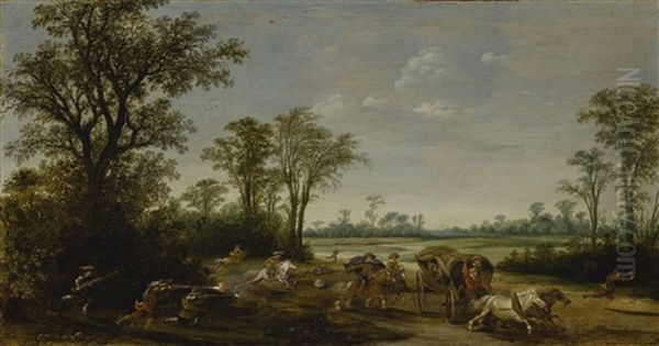 Landscape With Travelers Ambushed On A Road At The Edge Of A Forest Oil Painting by Pieter de Neyn