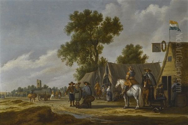 Horsemen And Travelers Standing In Front Of An Encampment, A View Of A Ruined Tower Beyond Oil Painting by Pieter de Neyn