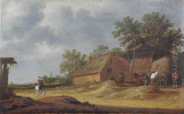 A Dune Landscape With Farmers Unloading A Hay Wagon Near A Farm House, A Horseman On A Sandy Path To The Left Oil Painting by Pieter de Neyn