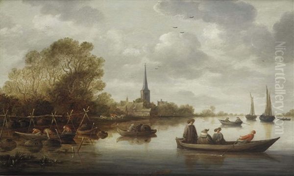 A River Landscape With Fishermen, Elegant Figures In A Ferry, A Village And Sailing Vessels In The Distance Oil Painting by Pieter de Neyn