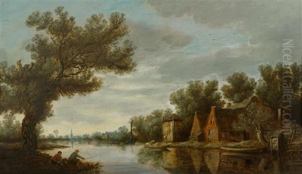 Dorfhauser Mit Heustock Und Anglern An Einem Fluss Oil Painting by Pieter de Neyn