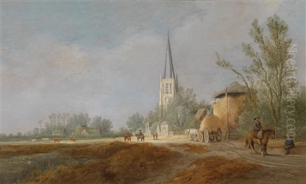 Dorfansicht Mit Der Kirche Von Voorschoten (zwischen Den Haag Und Leiden) Und Einem Heustock, Der Beladen Wird Oil Painting by Pieter de Neyn