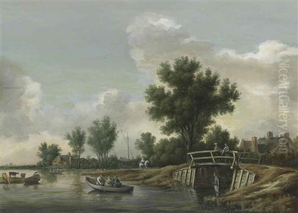 A River Landscape With An Angler On A Shore, Rowing Boats, Two Men Observing From A Bridge, A Man On Horseback And A Village Beyond Oil Painting by Pieter de Neyn