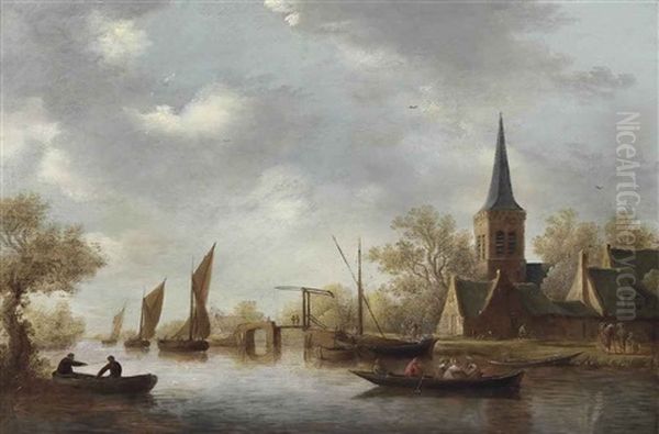 A River Landscape With Figures Fishing, With Rowing And Sailing Boats, A Church Beyond Oil Painting by Pieter de Neyn