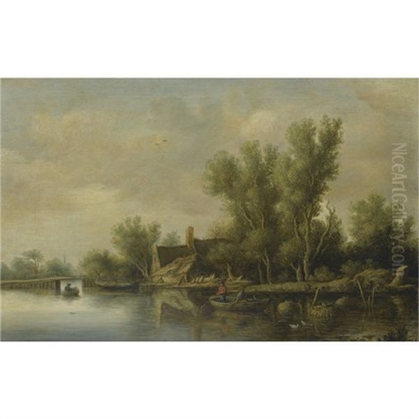 A River Estuary With Two Peasants Fishing In A Rowing Boat Near A Farmhouse Oil Painting by Pieter de Neyn