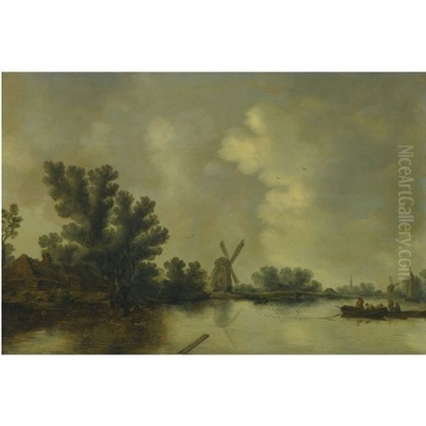 A River Landscape With Fishermen Casting Their Net, A Windmill Beyond Oil Painting by Pieter de Neyn