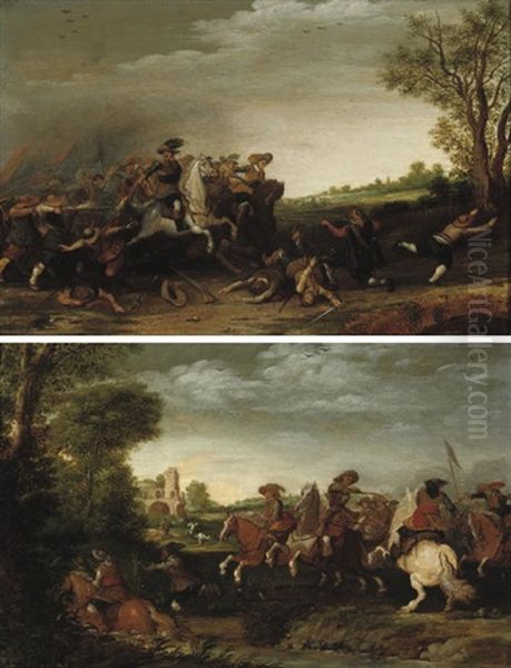 A Cavalry Skirmish Near A Bridge (+ A Cavalry Skirmish Near A River; Pair) Oil Painting by Pieter de Neyn