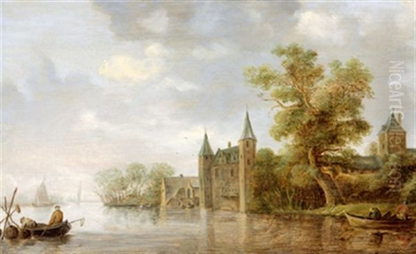 Hollandische Flusslandschaft Mit Einem Wasserschloss Und Fischerbooten Oil Painting by Pieter de Neyn