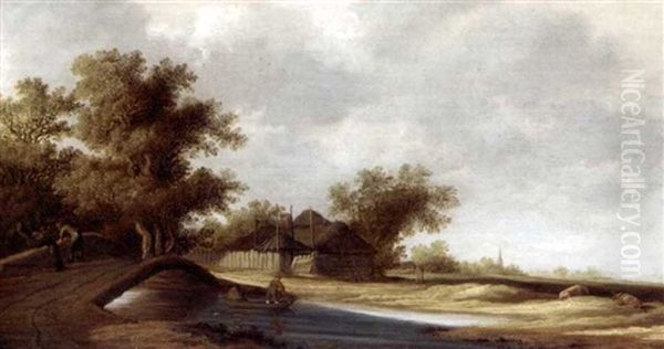 River Landscape With Figures On A Bridge, A Farmhouse Beyond Oil Painting by Pieter de Neyn