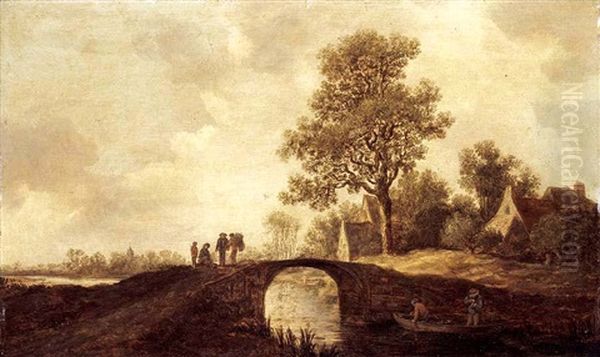 A River Landscape With Boors Beside A Bridge, A Village Beyond Oil Painting by Pieter de Neyn