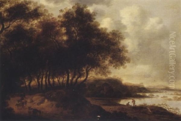 A Wooded River Landscape With A Shepherd, Sheep And A Goat On A Track Oil Painting by Pieter de Neyn