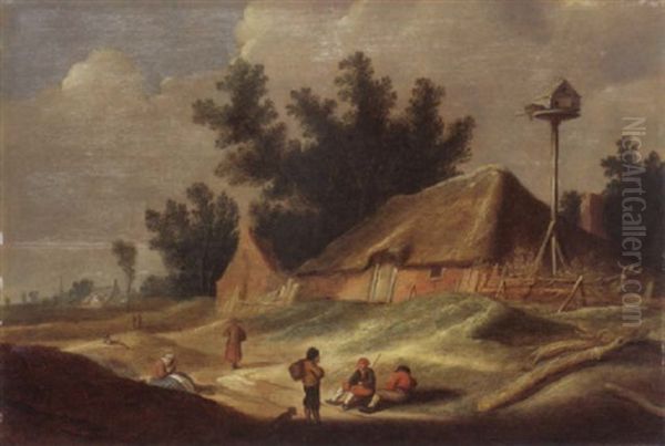 Weg Mit Lagernden Bauern Vor Stroh Gedecktem Haus Mit Taubenschlag Oil Painting by Pieter de Neyn