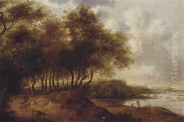 A Wooded River Landscape With A Goatherd On A Path Oil Painting by Pieter de Neyn