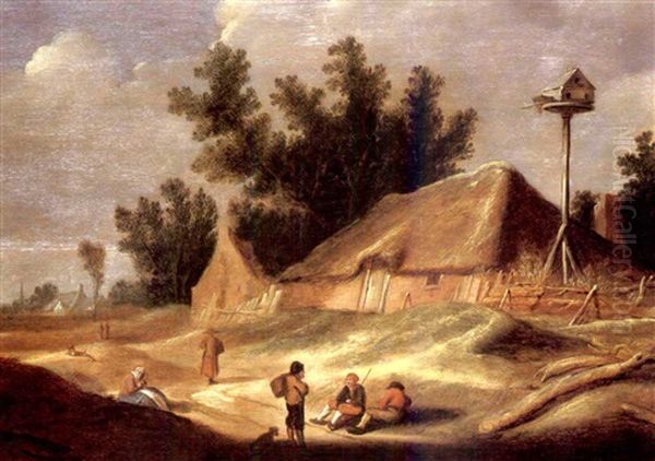 A Wooded Landscape With Peasants Resting  In A Path By A Cottage Oil Painting by Pieter de Neyn