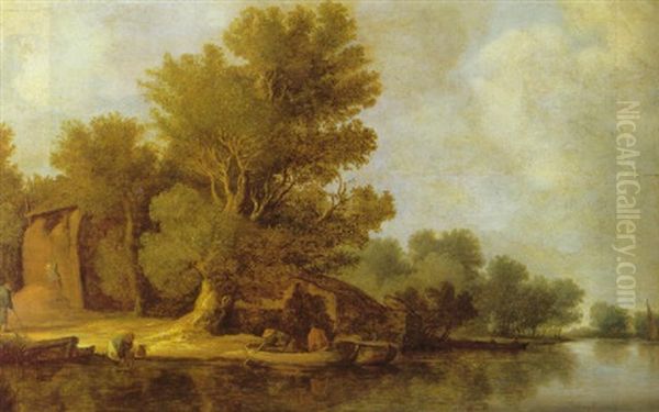 A River Landscape With Peasants On A Bank Beside A Barn, A Sailing Vessel Beyond Oil Painting by Pieter de Neyn