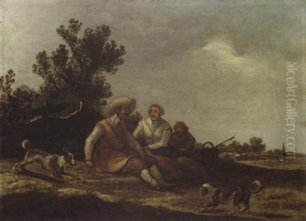 A Dune Landscape With Travellers Resting By A Fence And Dogs Playing In The Foreground, Sheep In A Meadow And A Church Spire Beyond Oil Painting by Pieter de Neyn