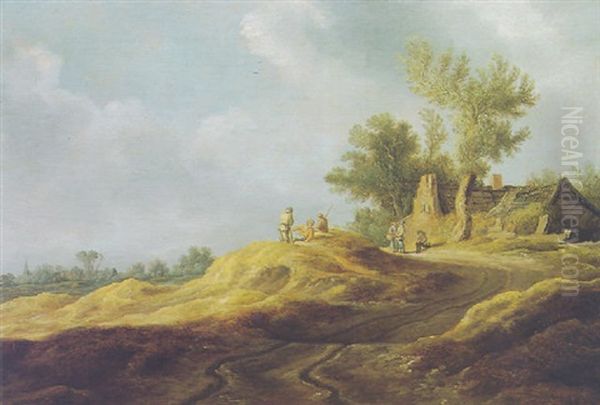 Dune Landscape With Figures On A Hill, Trees And A Cottage In The Background by Pieter de Neyn