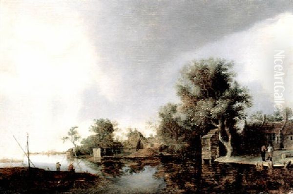 Flusslandschaft Mit Bauernhausern Und Anglern Oil Painting by Pieter de Neyn