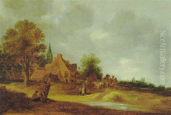 Landschaft Mit Dorf Und Figuren An Einem Bach Oil Painting by Pieter de Neyn