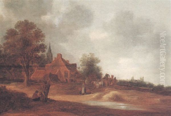 A Landscape With Cottages, A Church Spire And Figures By A Stream Oil Painting by Pieter de Neyn