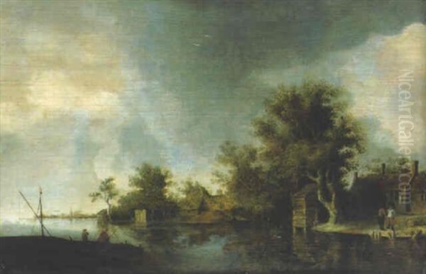 A River Landscape With Cottages And Fisherman Oil Painting by Pieter de Neyn