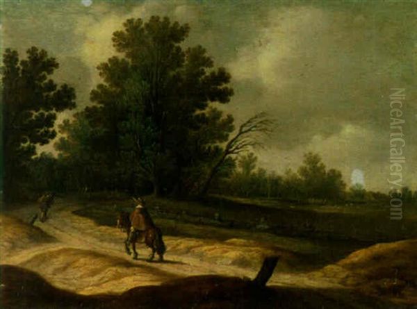 A Wooded Landscape With A Horseman And A Traveller On A Path Oil Painting by Pieter de Neyn