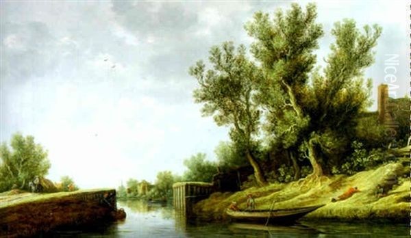 Fluslandschaft Mit Booten, Wanderern Und Reitern Oil Painting by Pieter de Neyn