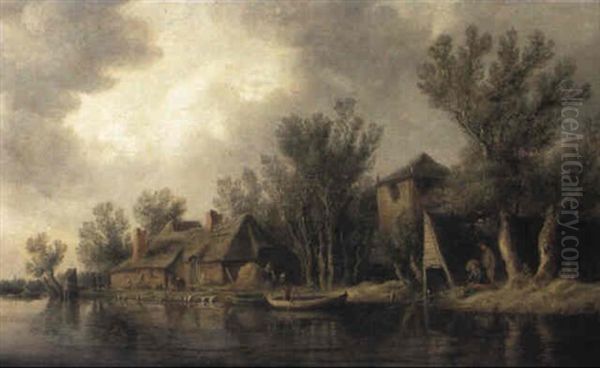 River Bank Scene With Cottages And Angler Oil Painting by Pieter de Neyn