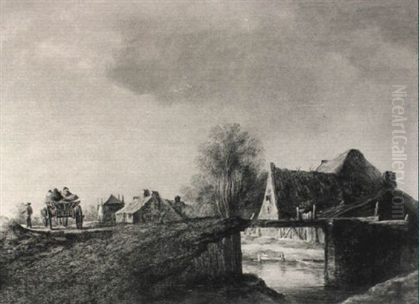 Peasants In A Cart By A Riverbank With Cottages Beyond Oil Painting by Pieter de Neyn