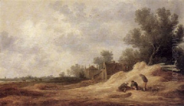 Three Peasants In Conversation At The Foot Of A Sandy Bank  At A Roadside Leading Past Farm Buildings Oil Painting by Pieter de Neyn