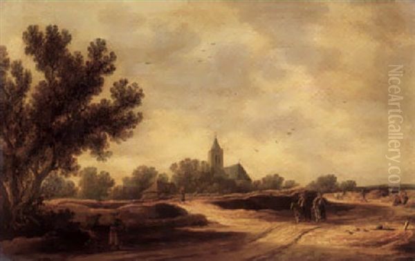 Two Horsemen Riding Along A Country Path Away From A Village Oil Painting by Pieter de Neyn